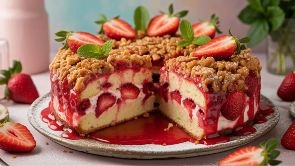 Strawberry crunch cake with cream cheese frosting and Oreo crumble coating