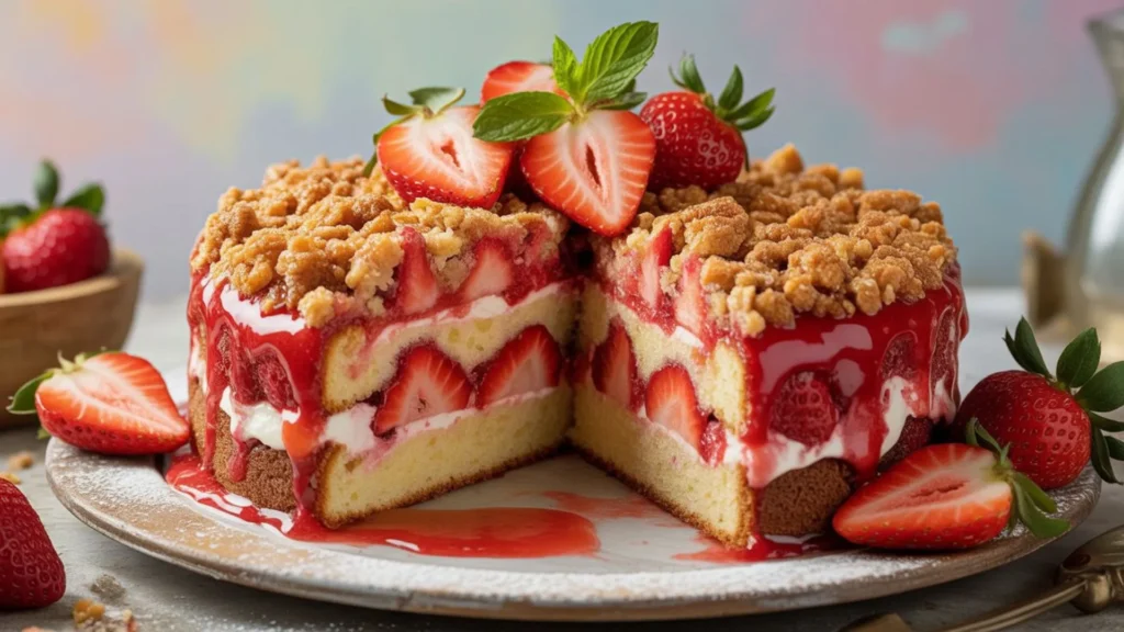 Strawberry shortcake-style cake with crunchy Oreo and freeze-dried strawberry coating