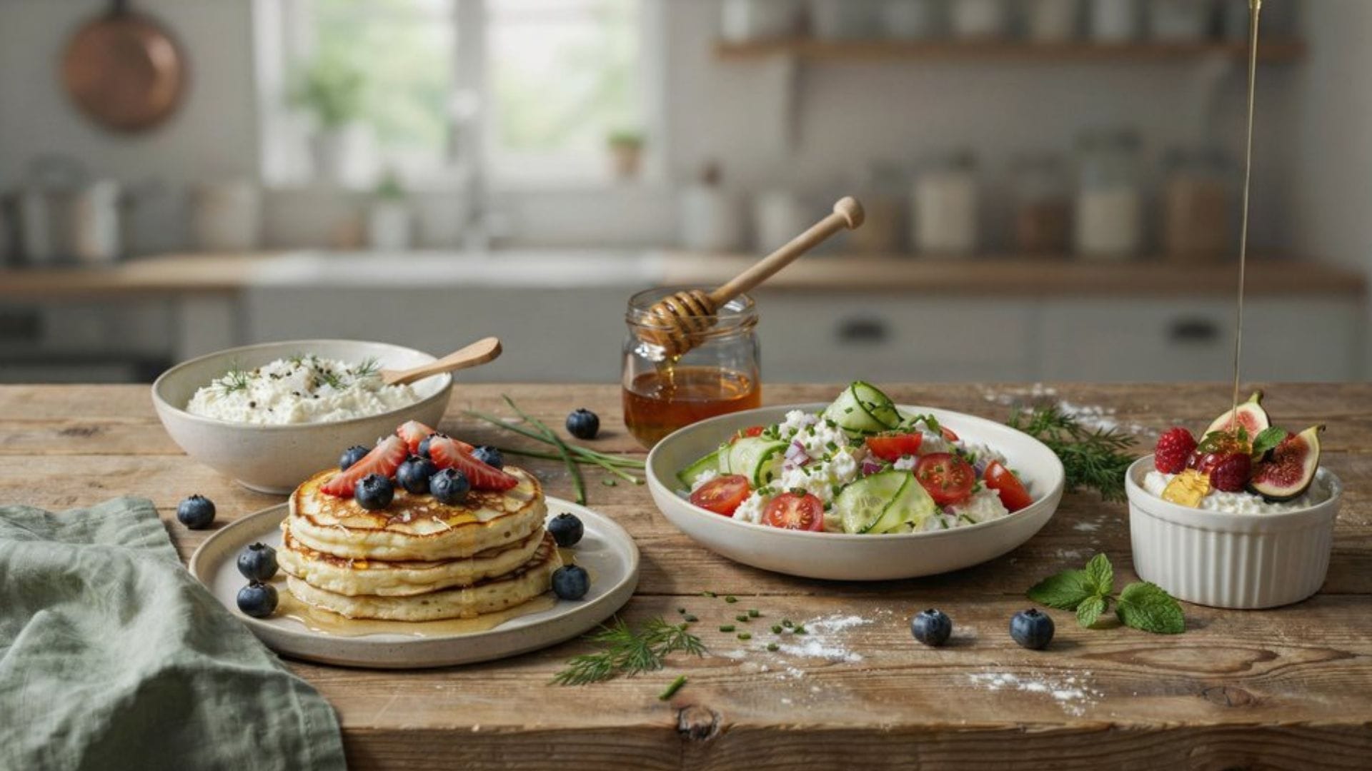 Easy cottage cheese recipes displayed on a kitchen table, ideal for breakfast, lunch, or dessert.
