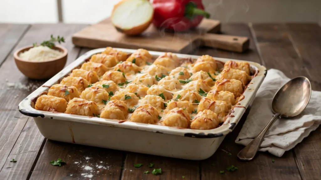 A close-up view of a freshly baked tater tot casserole with melted cheese peeking through the crispy golden-brown potato tots topping.