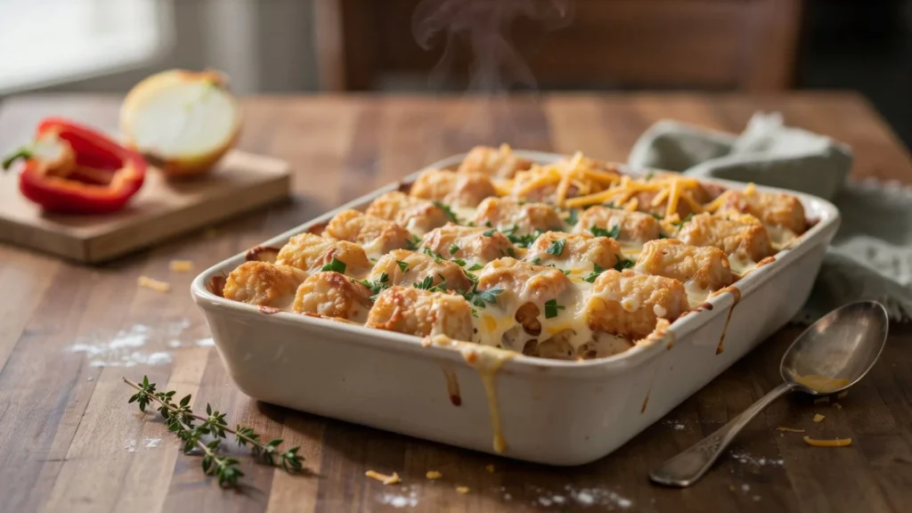A comforting, baked tater tot casserole in a casserole dish.