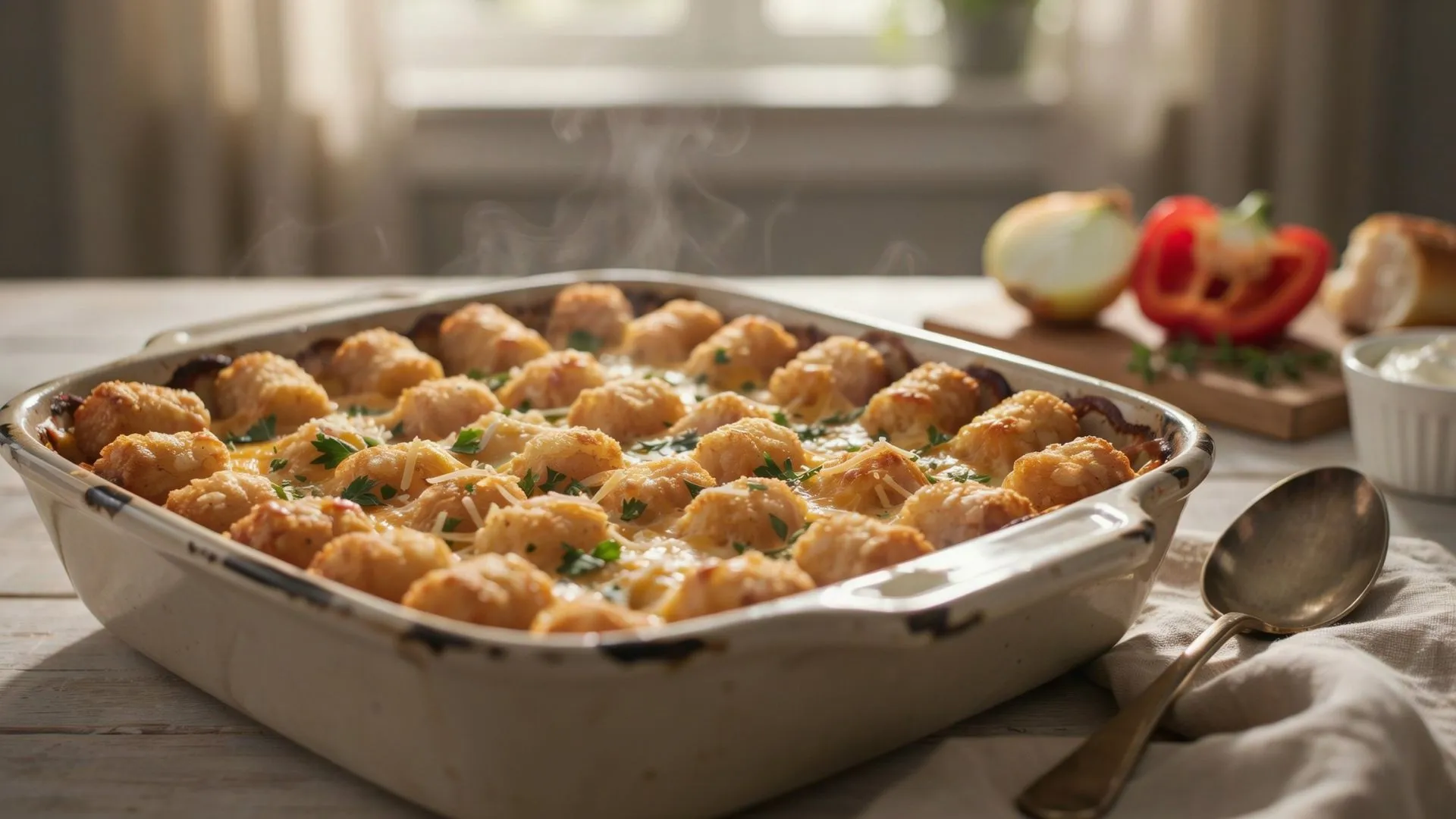 A golden-brown tater tot casserole in a rectangular baking dish, topped with a crispy, uniform layer of golden tots.
