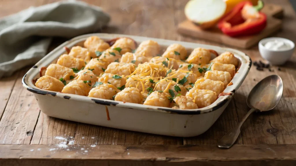 A hearty, homemade tater tot casserole served in a glass baking dish, featuring a crispy layer of golden potato tots on top.