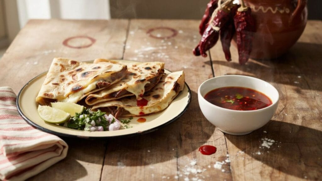 Authentic quesabirria tacos served with melted cheese and rich beef consommé for dipping