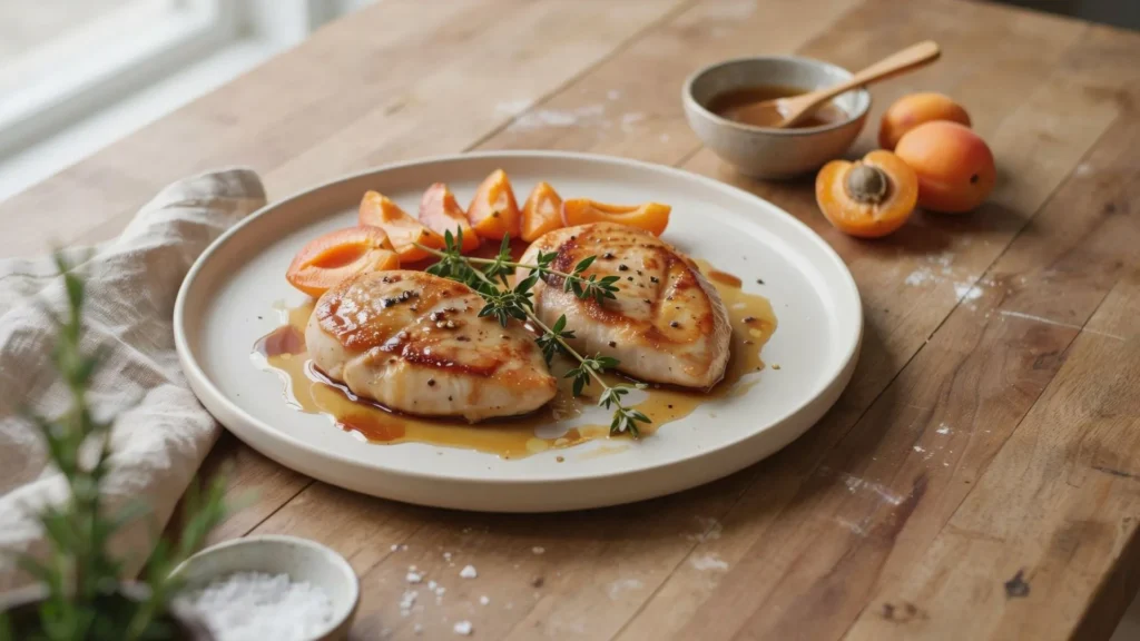 Best apricot chicken recipe made with juicy baked chicken, apricot glaze, garlic, and herbs in a bright kitchen setting