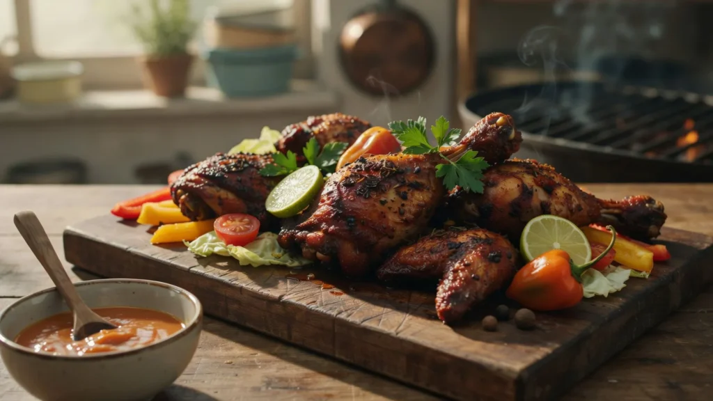 Best jerk chicken recipe for summer grilling, packed with spicy, savory flavors and served with rice and vegetables