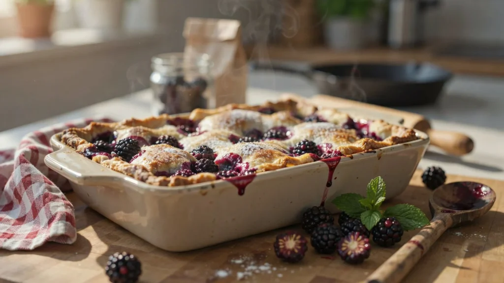 Classic Blackberry Cobbler baked until golden brown with fresh blackberries and a tender buttery topping