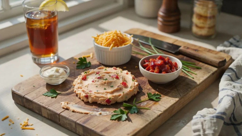 Classic Southern Pimento Cheese Recipe with shredded cheddar, mayonnaise, and pimentos for a flavorful cheese spread