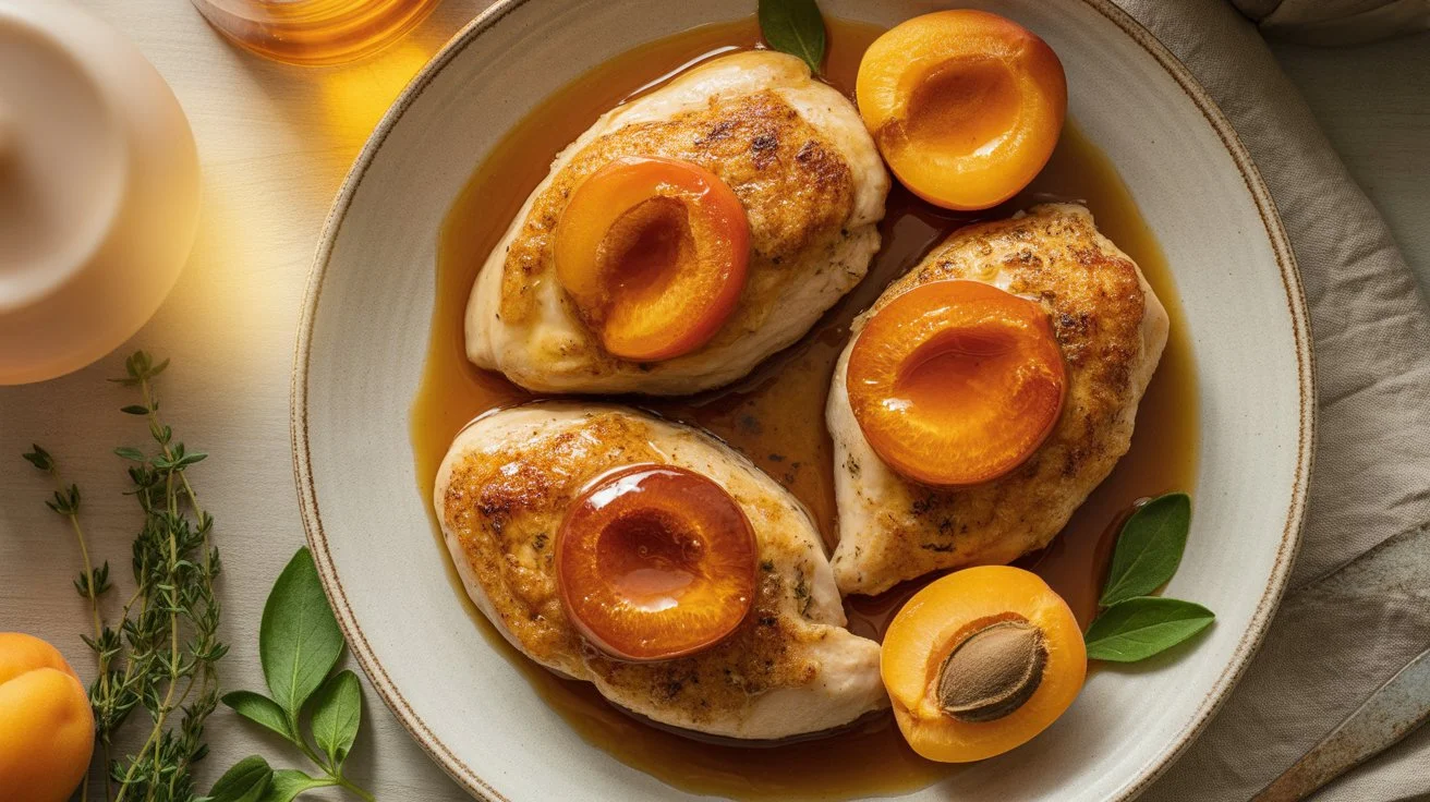 Classic-baked-apricot-chicken-with-a-sweet-and-tangy-glaze-served-on-a-dinner-plate-with-fresh-parsley-garnish