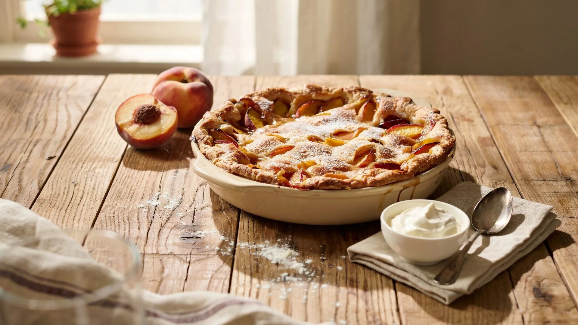 Classic peach cobbler recipe baked until golden brown with sweet cinnamon peaches and a tender cobbler crust.