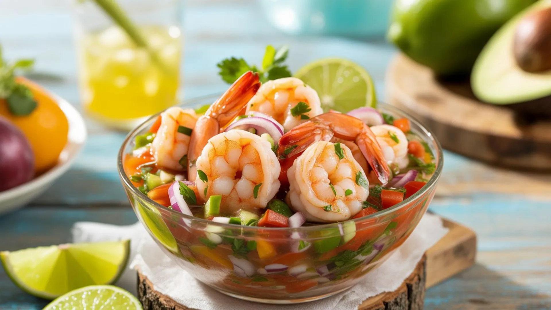 Classic shrimp ceviche recipe served chilled with fresh shrimp, cilantro, lime, and colorful vegetables for a light summer dish