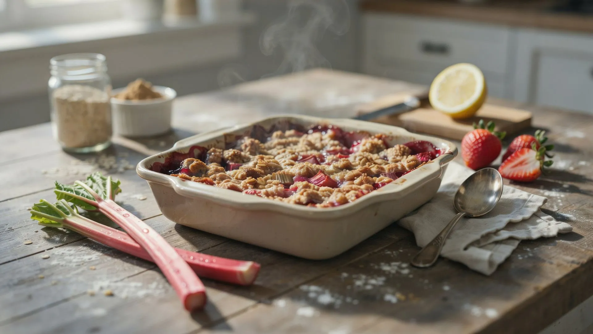 Classic strawberry rhubarb crisp served fresh from the oven with a buttery oat crumble and vibrant seasonal fruit.