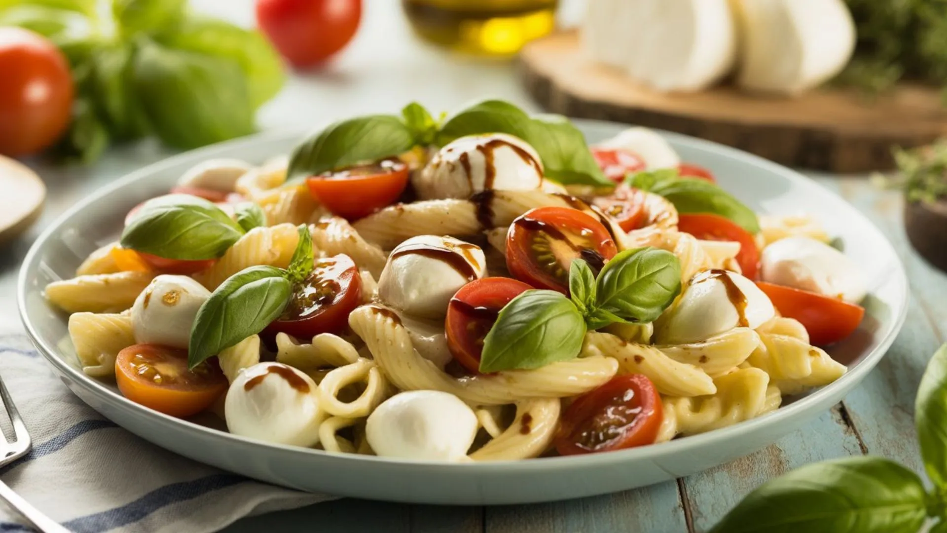 Colorful Caprese Pasta Salad packed with fresh vegetables, creamy mozzarella, and pasta, perfect for picnics, potlucks, and light meals.