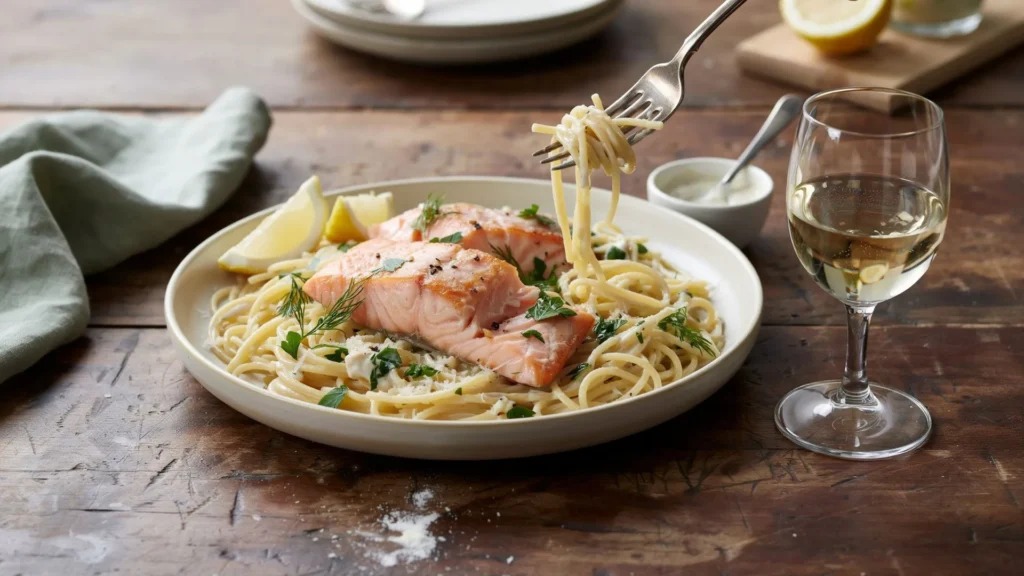 Creamy Salmon Pasta Recipe served with tender salmon pieces, garlic cream sauce, and fresh herbs in a comforting homemade pasta dish.