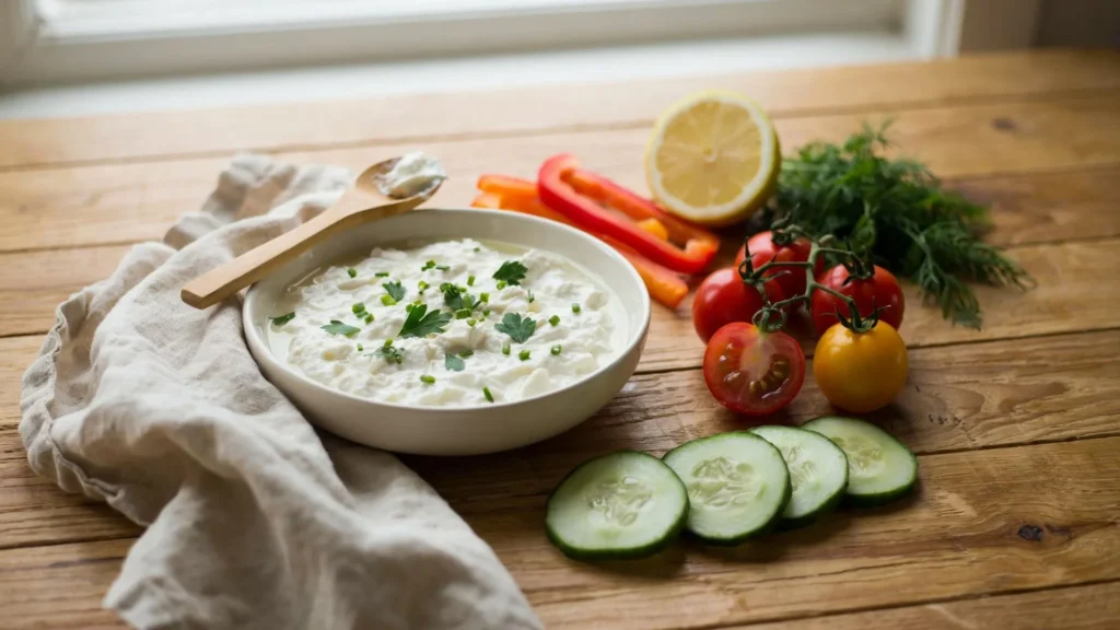 Creamy homemade cottage cheese with soft curds served in a white bowl