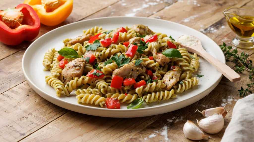 Creamy rasta pasta recipe with colorful bell peppers and Caribbean spices served in a bowl