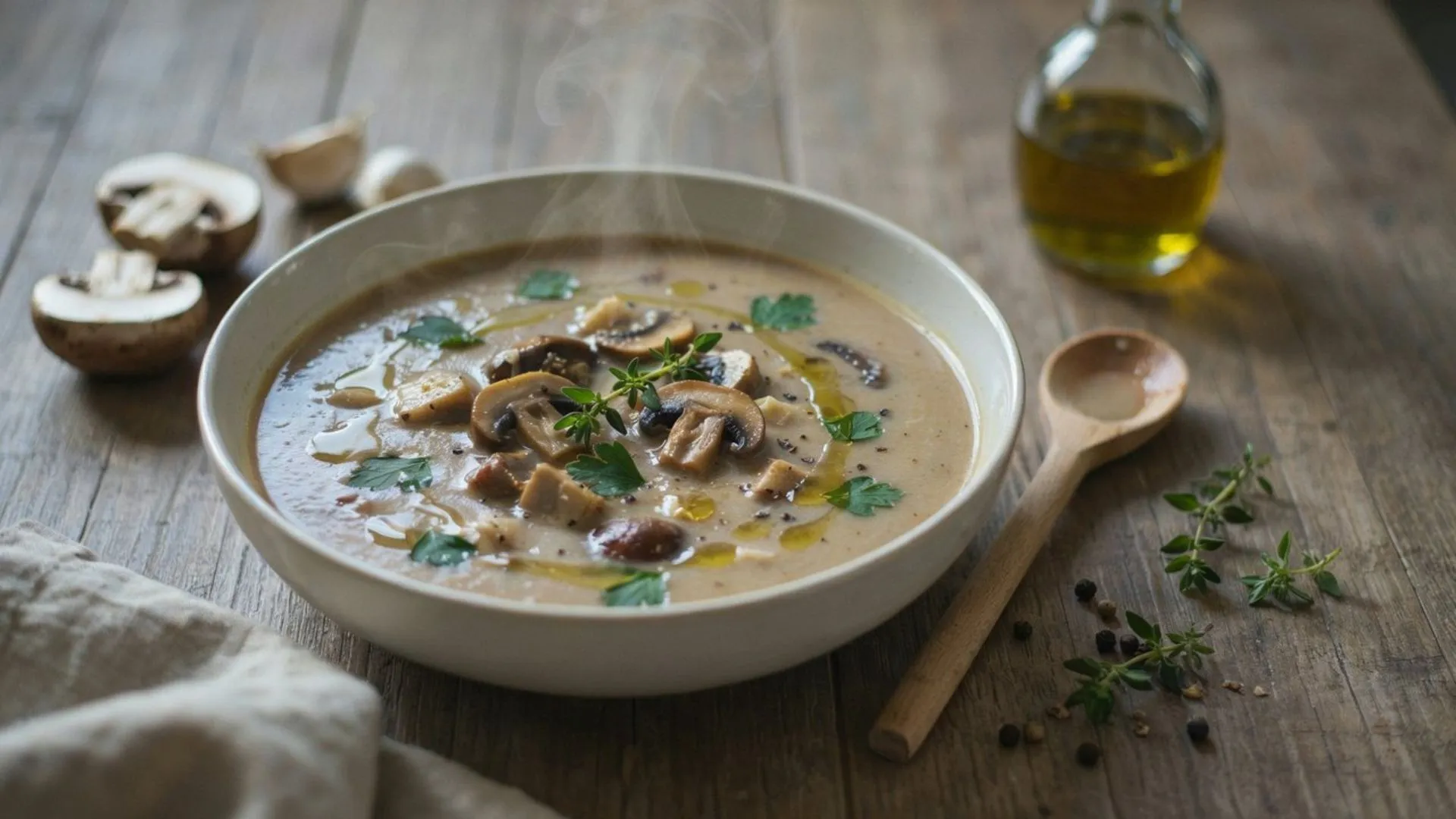 Creamy vegan mushroom cream soup served in a rustic bowl, garnished with fresh herbs and sautéed mushrooms.