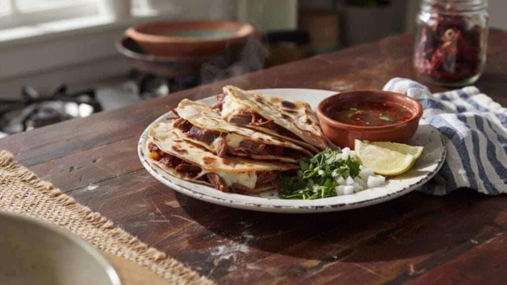Crispy quesabirria tacos filled with slow-cooked birria beef, cheese, onions, and cilantro