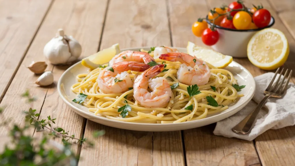 Delicious Shrimp Scampi Pasta with garlic butter shrimp, al dente linguine, fresh parsley, and lemon wedges for a classic seafood meal.