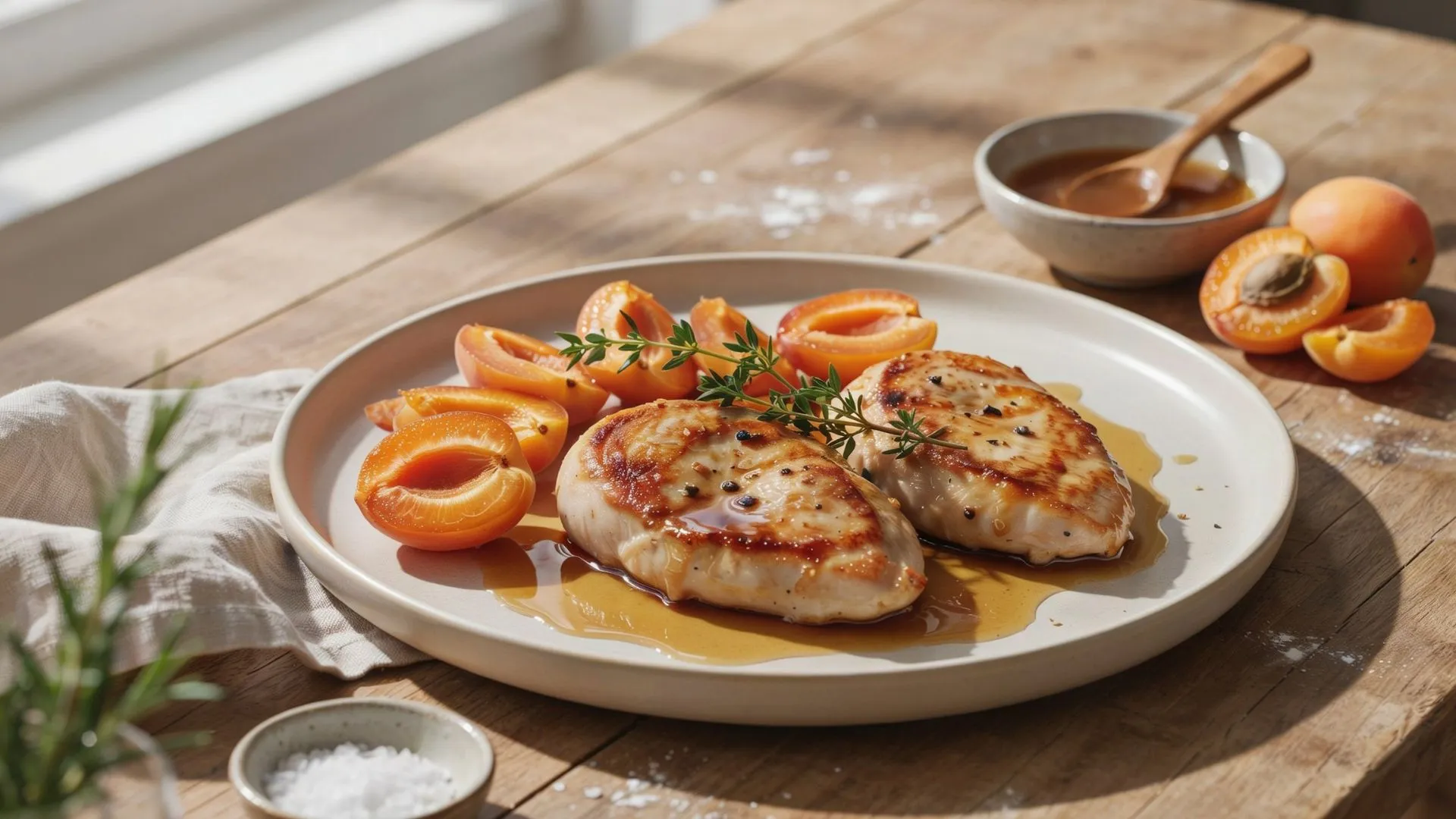 Delicious apricot chicken recipe with tender chicken thighs glazed in apricot preserves, garnished with parsley and served warm