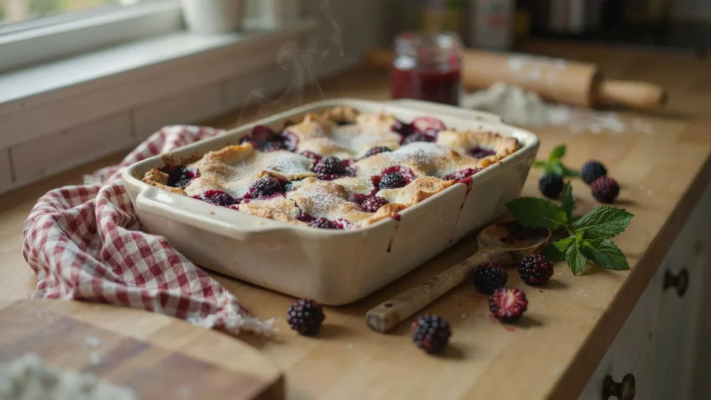Easy Blackberry Cobbler recipe served warm with rich blackberry filling and homemade baked crust