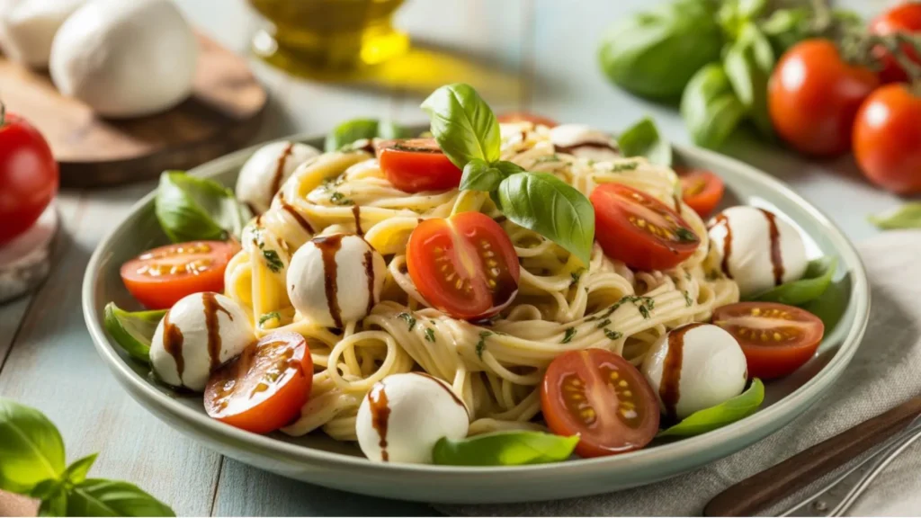 Easy Caprese Pasta Salad recipe featuring tender pasta, fresh mozzarella, juicy tomatoes, and basil for a refreshing summer dish.