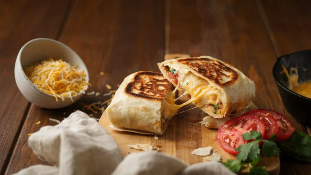 Easy Grilled Cheese Burrito recipe featuring a crunchy cheese shell, Mexican rice, refried beans, and savory beef filling.