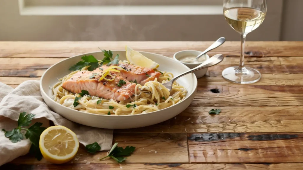 Easy Salmon Pasta Recipe featuring flaky salmon, perfectly cooked pasta, and a rich, creamy sauce garnished with parsley and grated cheese.