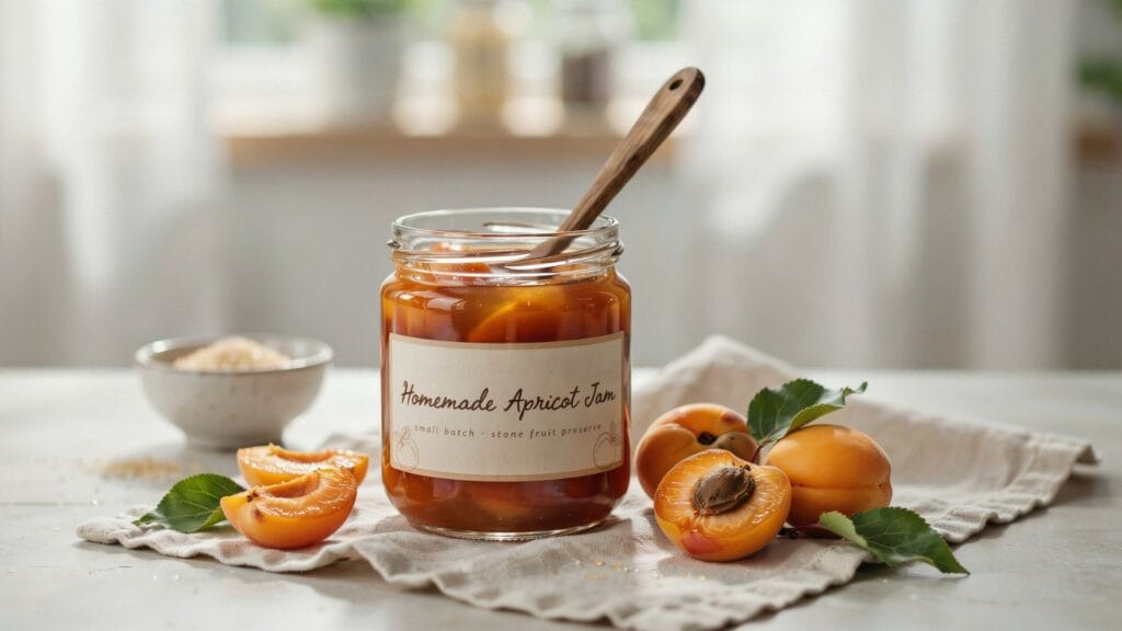 Easy apricot jam recipe with a smooth texture served in a mason jar with fresh apricots nearby.