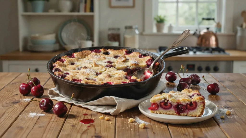Easy cherry dump cake recipe made with cherry pie filling and cake mix, baked until golden and served warm with ice cream.