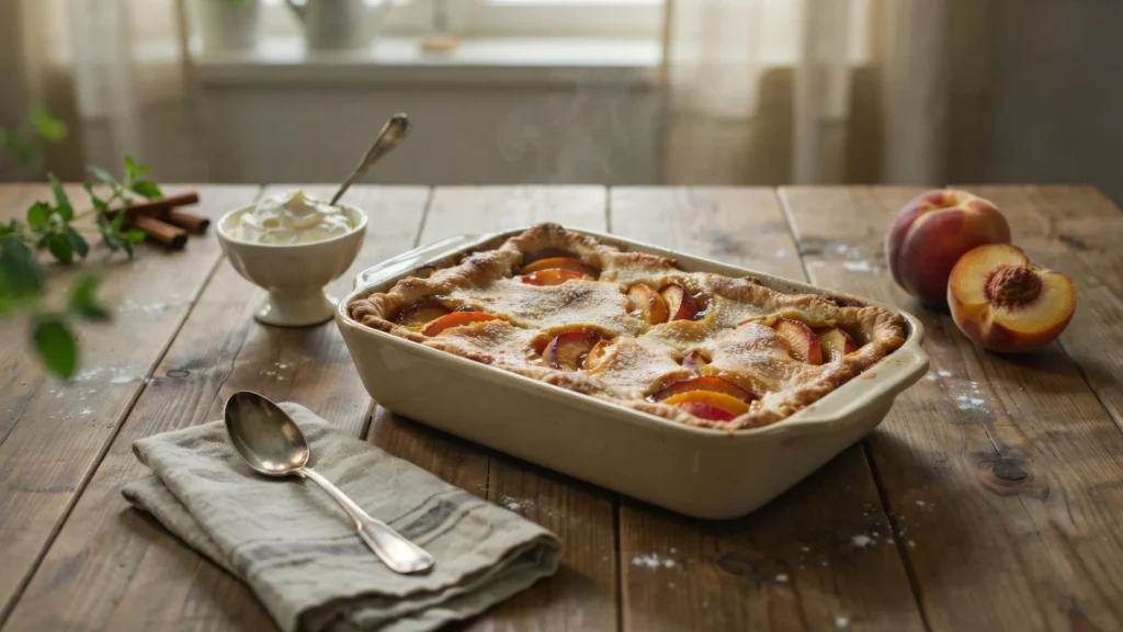 Easy peach cobbler recipe made with ripe peaches, warm spices, and a delicious buttery topping perfect for family gatherings.