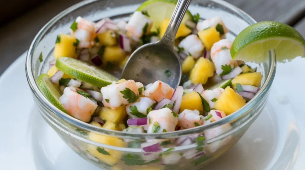 Easy shrimp ceviche featuring tender shrimp, cucumber, tomatoes, red onion, and avocado in a refreshing lime dressing