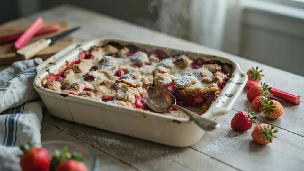 Easy strawberry rhubarb crisp recipe baked to perfection with sweet-tart fruit filling and a crisp golden brown topping.