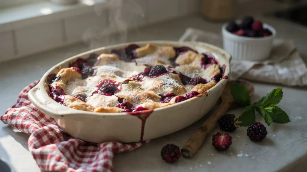 Fresh Blackberry Cobbler dessert topped with sweet blackberry filling and crisp golden cobbler topping