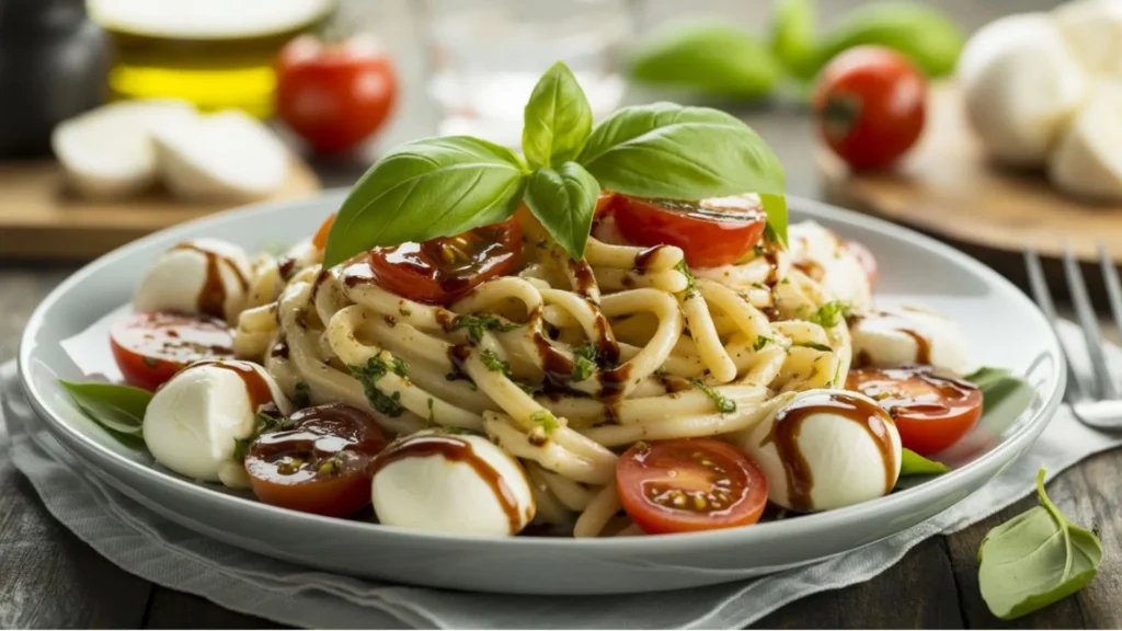 Fresh Caprese Pasta Salad with cherry tomatoes, mozzarella balls, basil leaves, and pasta tossed in a light balsamic dressing.