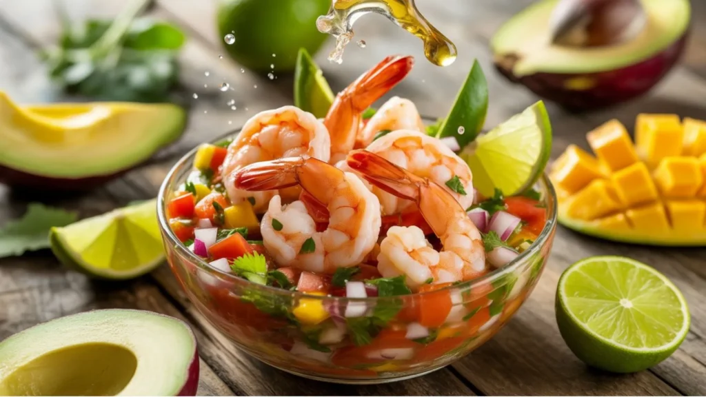 Fresh shrimp ceviche recipe with lime juice, tomatoes, red onion, cilantro, and avocado served in a glass bowl