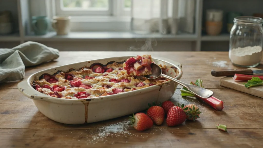 Fresh strawberry rhubarb crisp with a golden oat topping baked until bubbly and served warm in a rustic baking dish.