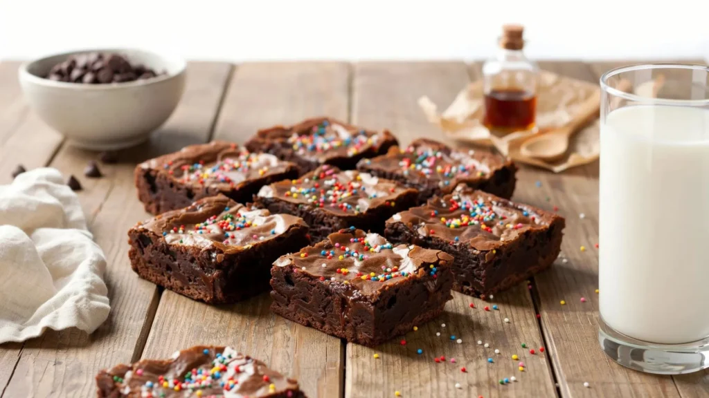 Fudgy Cosmic Brownies recipe with a chewy texture, smooth ganache, and rainbow candy topping