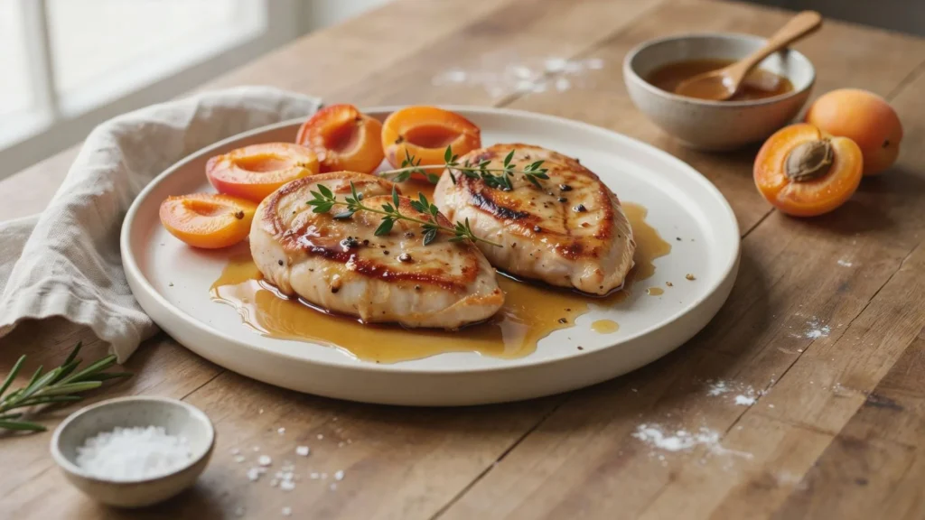 Golden baked apricot chicken recipe with a sweet and savory glaze served on a white plate with fresh herbs