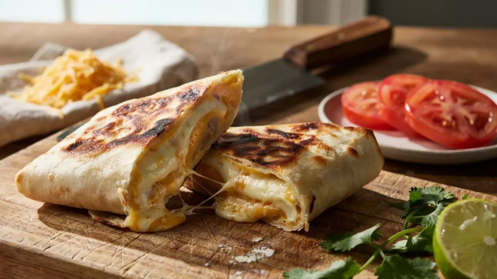 Grilled Cheese Burrito recipe with crispy cheese crust, seasoned ground beef, rice, beans, and creamy chipotle sauce.