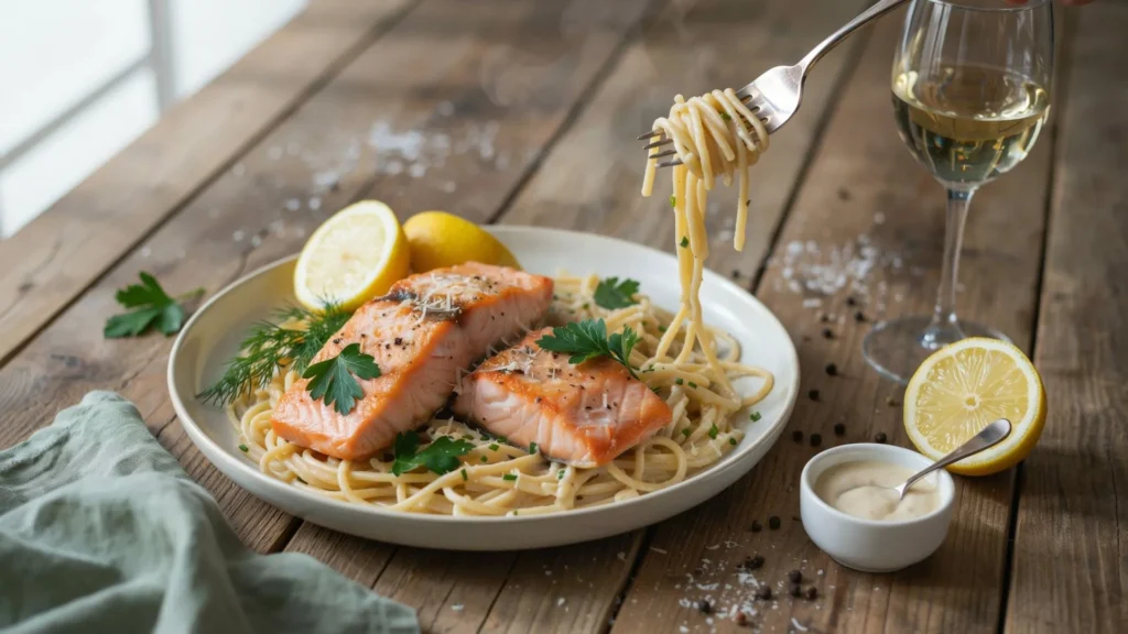 Healthy Salmon Pasta Recipe made with fresh salmon, pasta, spinach, and a light creamy sauce, ideal for a quick and delicious weeknight dinner.