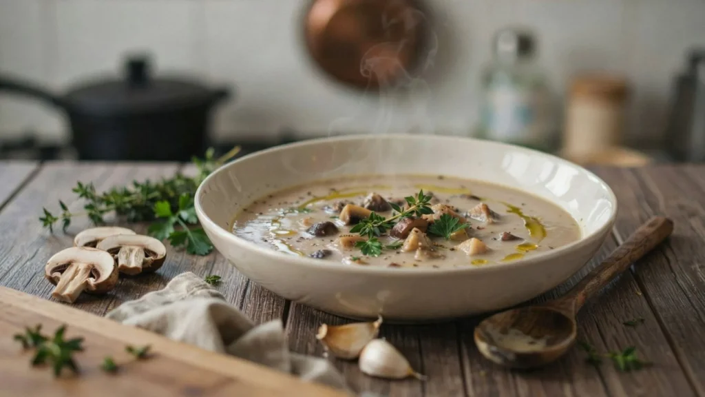 Healthy vegan mushroom cream soup made with fresh mushrooms and plant-based ingredients, served warm for dinner.