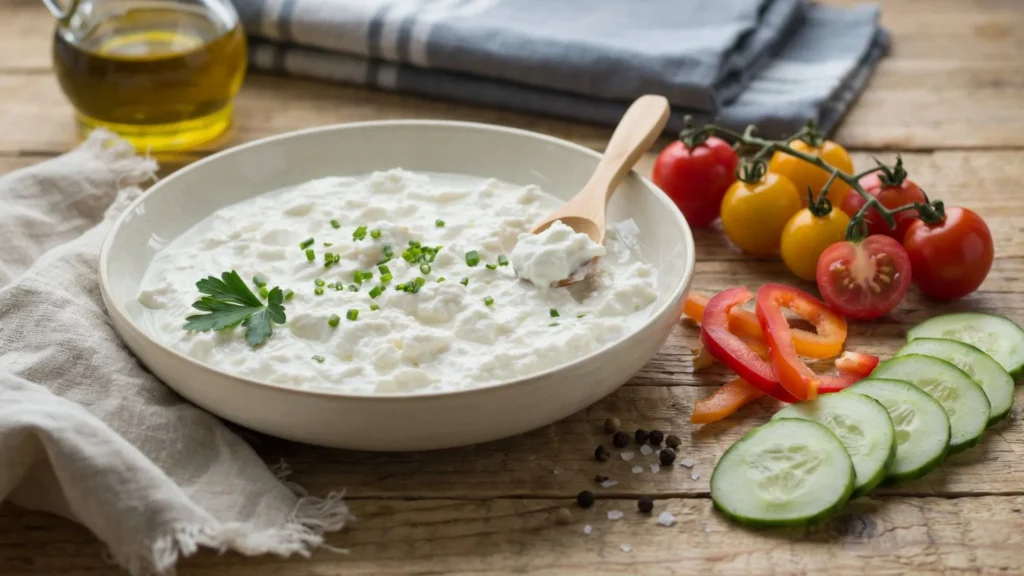 High-protein homemade cottage cheese topped with fresh herbs and ready to serve