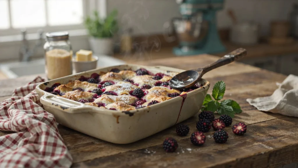 Homemade Blackberry Cobbler with juicy blackberries and a golden buttery crust baked in a rustic dish