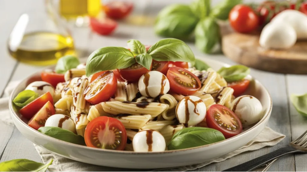 Homemade Caprese Pasta Salad served in a bowl with Italian-inspired ingredients, including mozzarella, tomatoes, basil, and balsamic glaze.