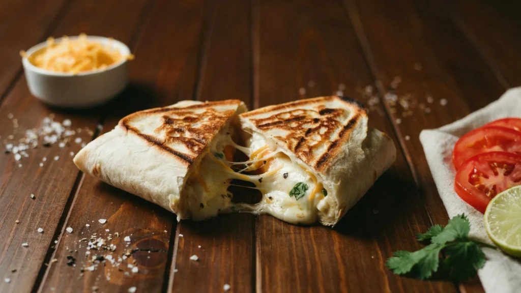 Homemade Grilled Cheese Burrito with melted cheddar cheese, taco-seasoned beef, and restaurant-style crispy exterior.