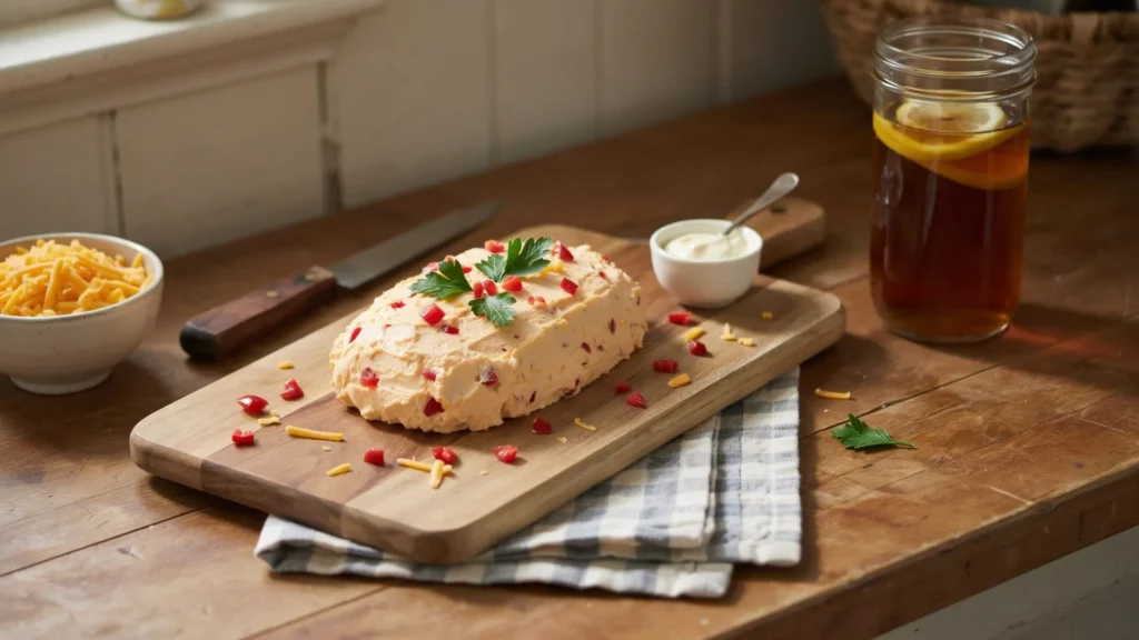 Homemade Pimento Cheese Recipe in a bowl with crackers, featuring rich cheddar cheese and diced pimentos