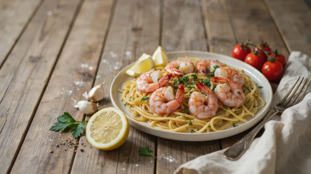 Homemade Shrimp Scampi Pasta served in a bowl with juicy shrimp, parmesan cheese, fresh herbs, and a rich lemon garlic sauce.
