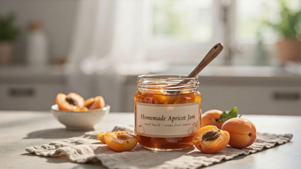 Homemade apricot jam in a glass jar made with fresh ripe apricots and simple ingredients.