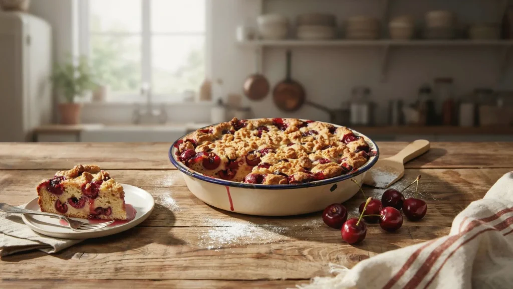 Homemade cherry dump cake featuring juicy cherries, rich flavor, and a crisp buttery crust, ideal for holidays and potlucks.